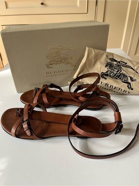 Burberry brown leather wrap ankle strap flat sandals. Worn twice. Sz 37.5